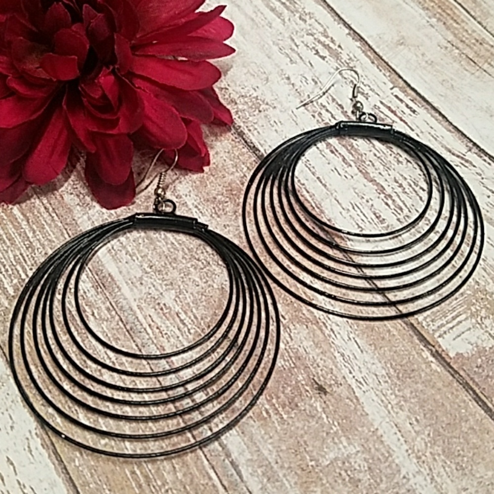 E0095- 3" 7 Layer Black Coated Hoop Drop Earrings